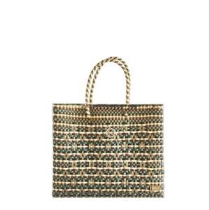NEW LOLA'S BAG women's medium woven regular strap tote bag in green/gold